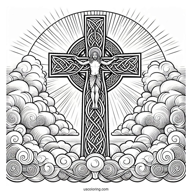 Detailed Celtic Cross Coloring Page In The Clouds With Jesus At The Center