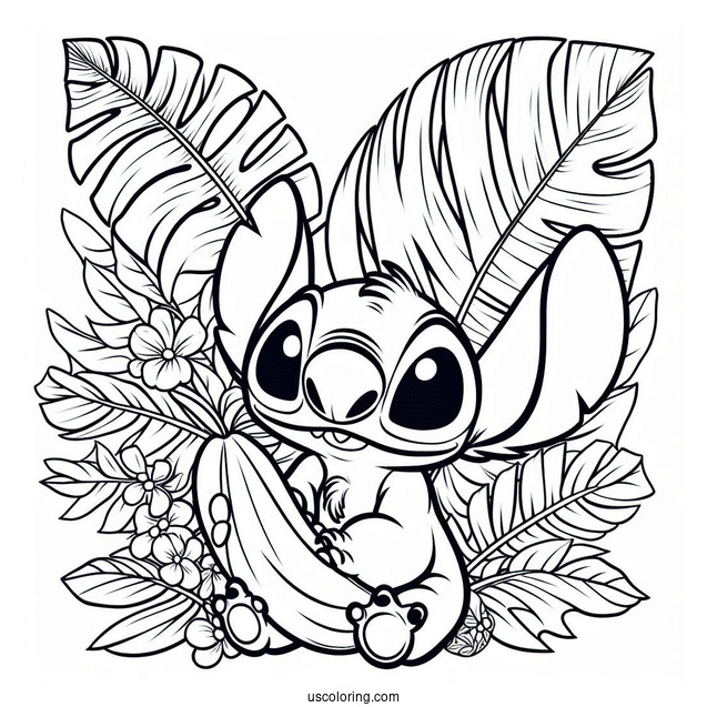 Coloring Page Of Lilo And Stitch With Banana Leaves