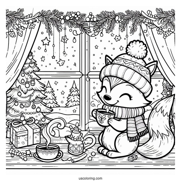 Christmas Coloring Pages For Adults Of Adorable Fox Drinking Tea By The Window