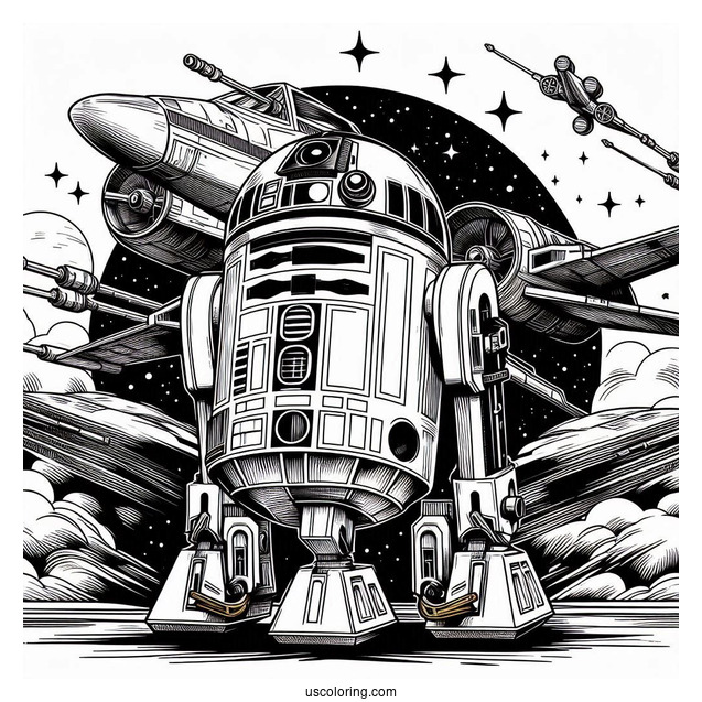 R2-D2 Coloring Page On Top Of X-Wing