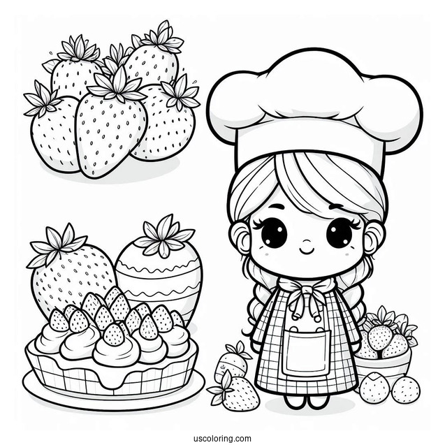 Chef Strawberry Coloring Page In Front Of Pastries