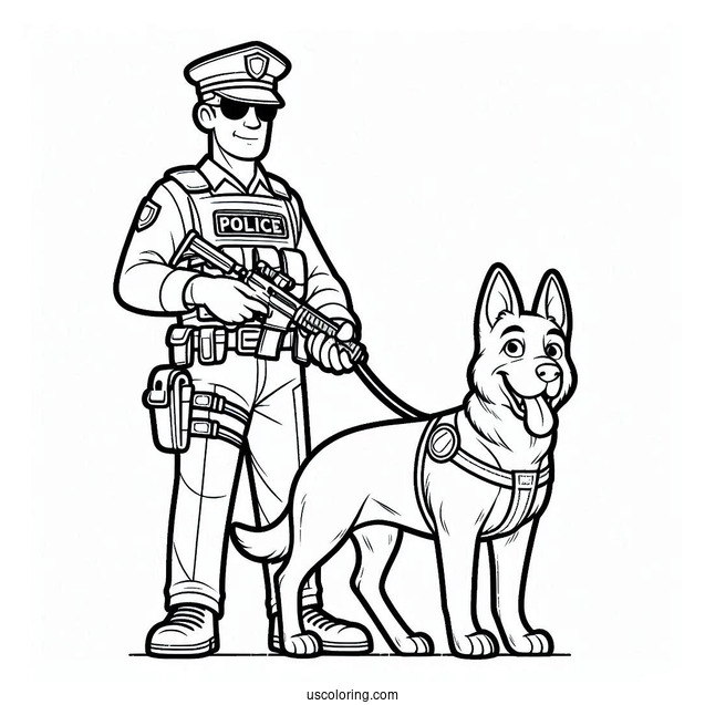 Coloring Sheet Of Police Officer With K-9 Dog