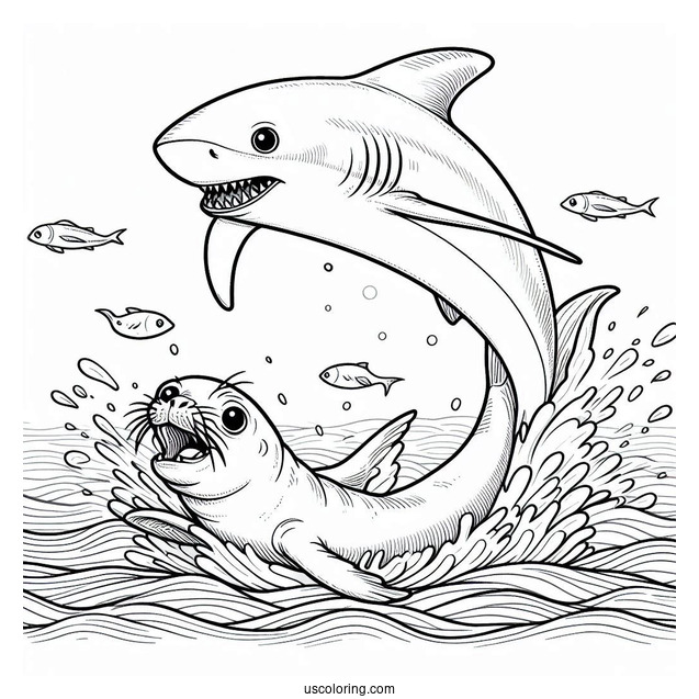 Shark Coloring Page Chasing Seal In The Ocean