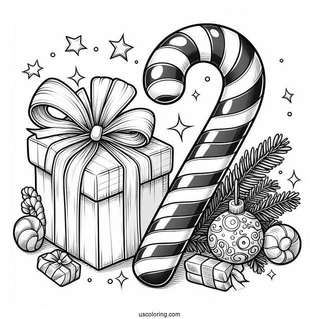 Large Candy Cane Coloring Page Beside A Christmas Present