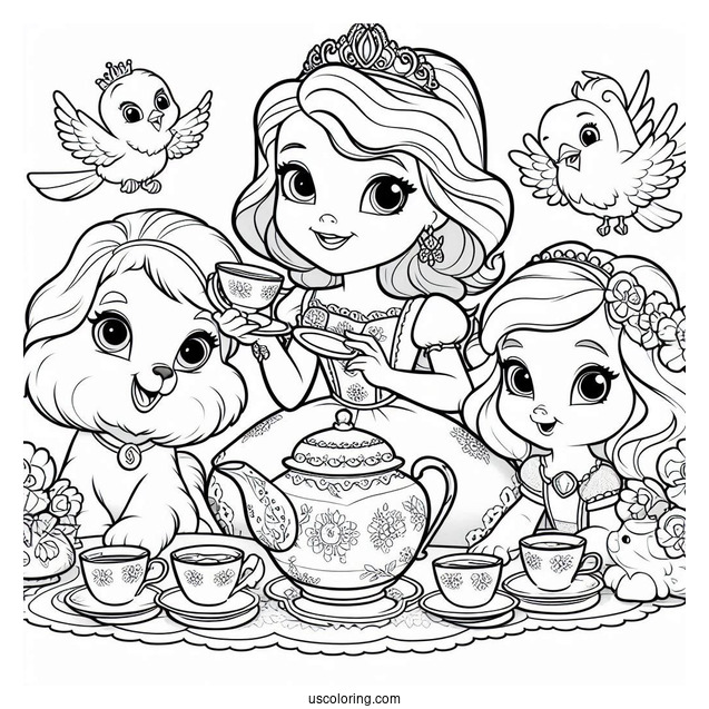 Sofia The First Coloring Pages Tea Party With Clover, Whatnaught, Griffin, And Mia