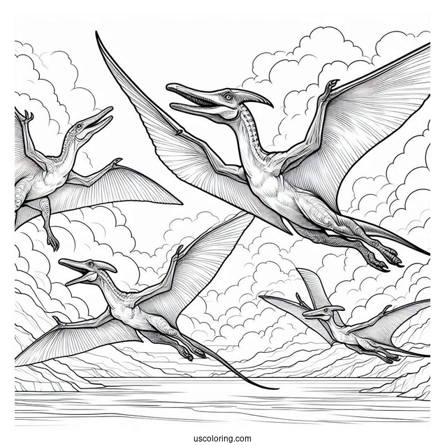 Four Adult Pterodactyl Coloring Page In The Sky