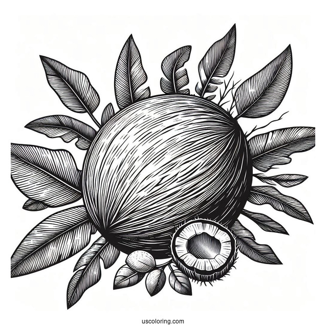 Realistic Coconut Coloring Page On Leaves