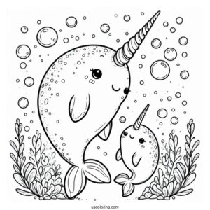 Mama And Baby Narwhal Coloring Page Surrounded By Bubbles