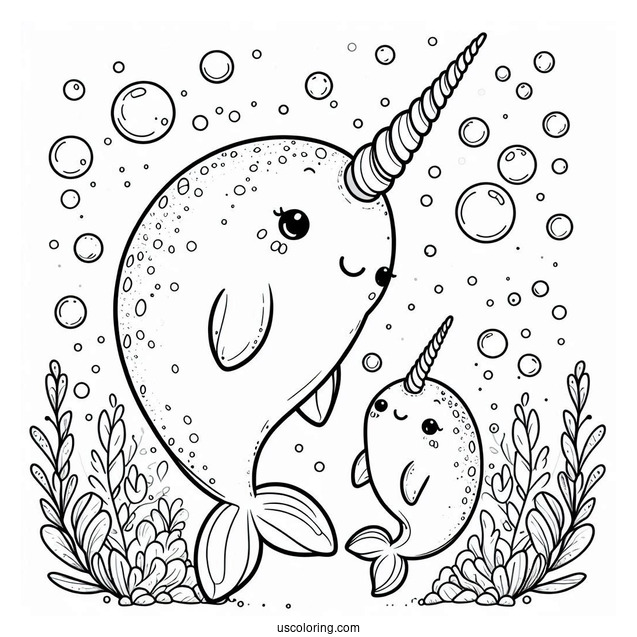 Mama And Baby Narwhal Coloring Page Surrounded By Bubbles