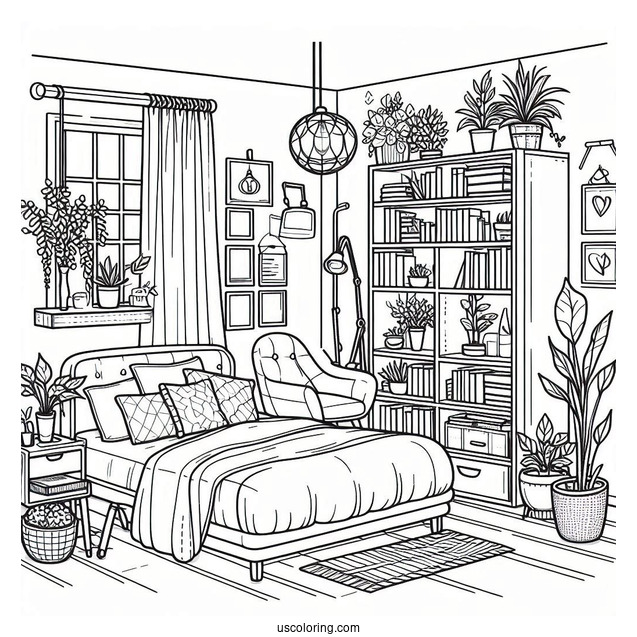 Bedroom Coloring Page Of Tiny Studio Apartment With Bookshelf And Plants