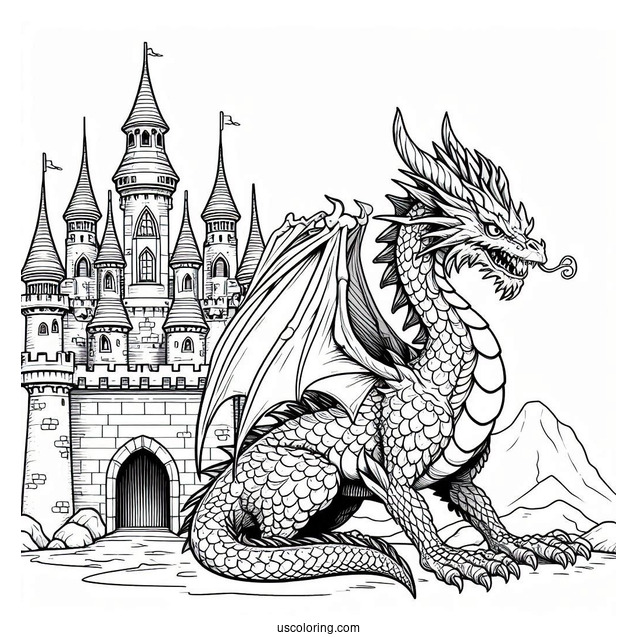 Fierce Looking Dragon Next To Castle