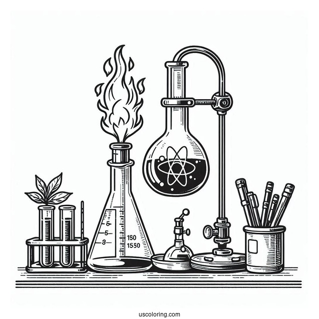 Bunsen Burner Heating Up A Flask Science Coloring Page