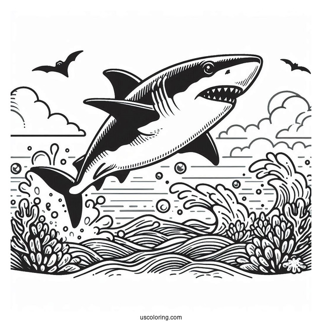 Big Shark Coloring Page Jumping Out Of Ocean