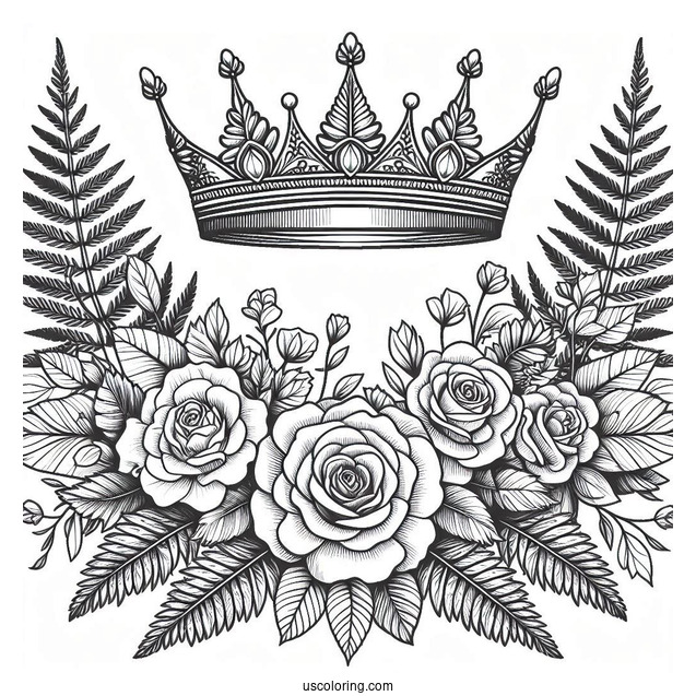 Detailed Flower Crown Coloring Page Surrounded by Roses and Fern Leaves