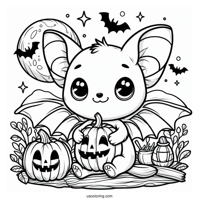 Cartoon Bat Coloring Page Holding Jack O Lantern