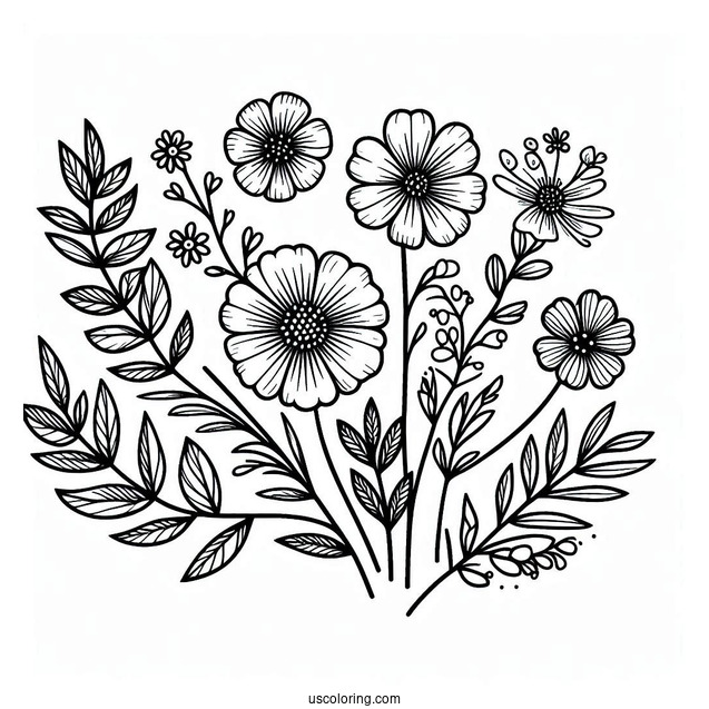 Flower Coloring Pages Of Easy Wildflower Bouquet
