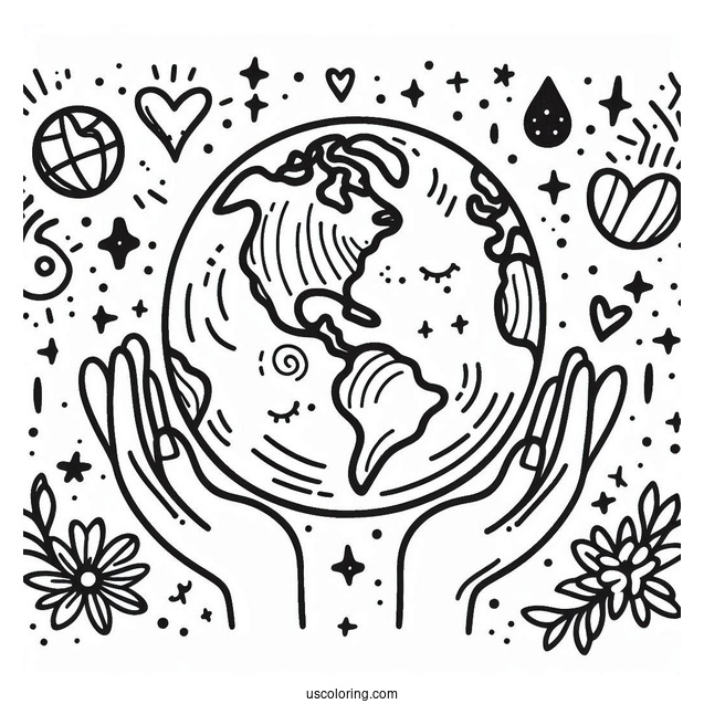Simple Cute Earth With Hands Coloring Page For Preschoolers