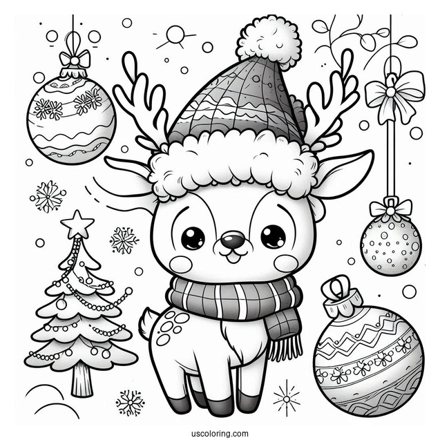 Christmas Coloring Pages For Adults Of Cute Reindeer With Christmas Baubles And Santa Hat