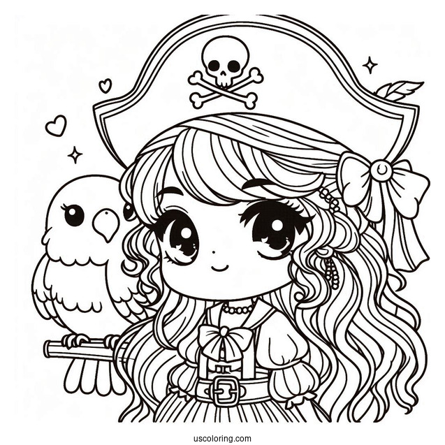 Kawaii Female Pirate Coloring Page With A Parrot For Preschoolers