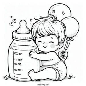 Baby Coloring Page Of Boy Embracing Large Milk Bottle With Balloons