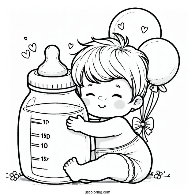 Baby Coloring Page Of Boy Embracing Large Milk Bottle With Balloons