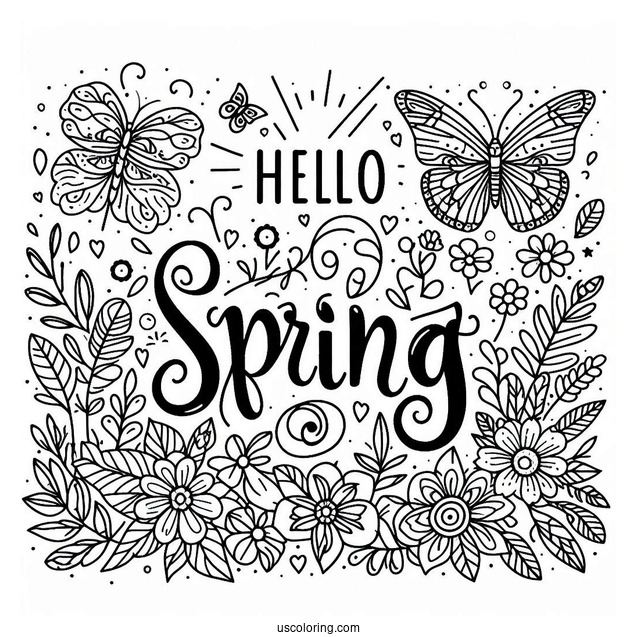 Festive Hello Spring Words With Butterfly In The Garden