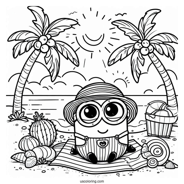 Cute Minion At The Beach Coloring Page For Kids