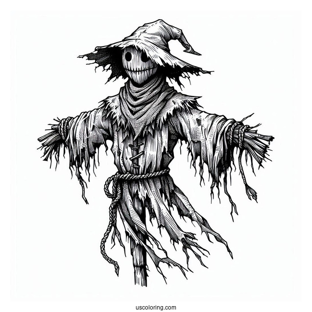 Terrifying Scarecrow Coloring Page With Tattered Clothes