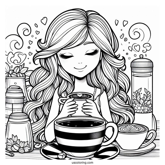 Coffee Coloring Pages Of Cartoon Woman On The Rim Of Coffee Cup