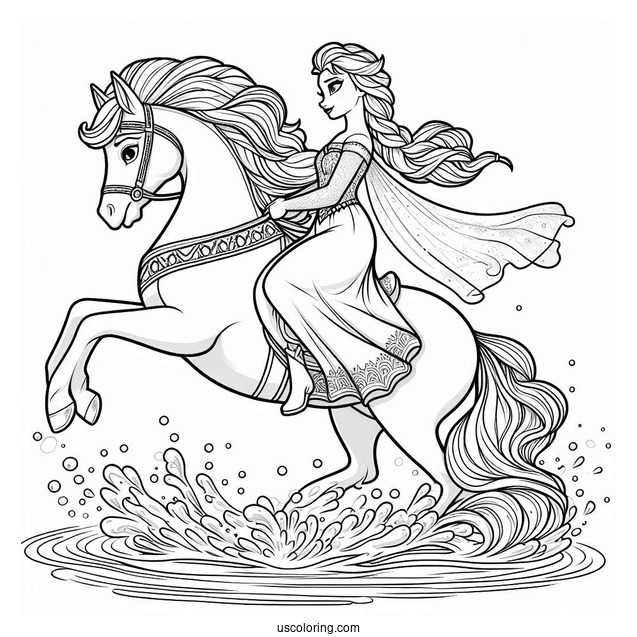 Elsa Riding Water Horse (The Nokk) Coloring