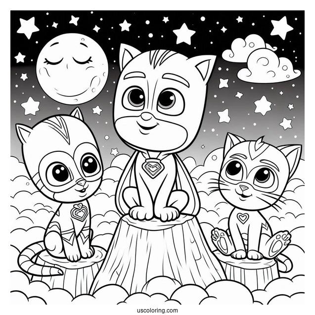 PJ Masks Coloring Page Of Gekko, Catboy, And Owelette In The Night Sky