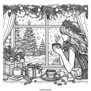 Coffee Coloring Pages Of Woman In Dress And Cape Drinking Coffee On Christmas Day By Window Bay