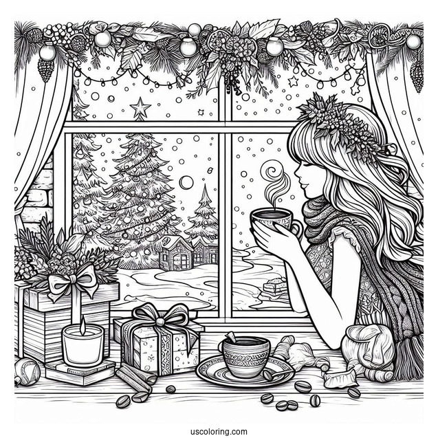 Coffee Coloring Pages Of Woman In Dress And Cape Drinking Coffee On Christmas Day By Window Bay