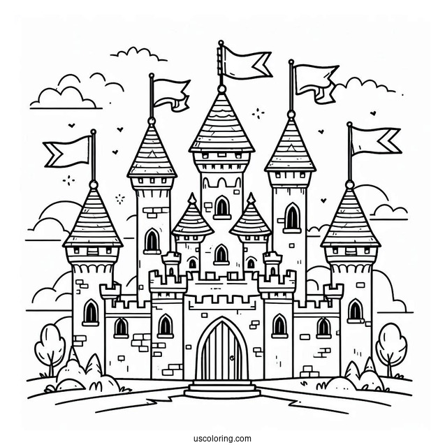 Simple Outline Of Castle Coloring Page With Flags For Kids