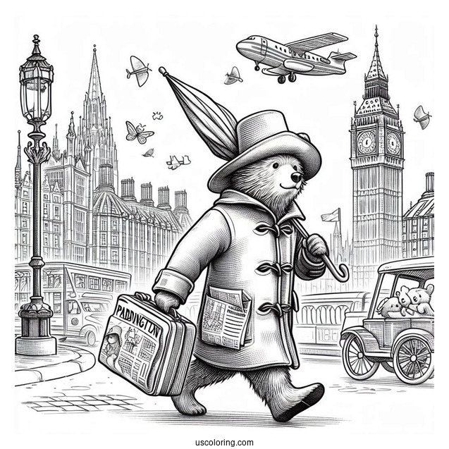 Paddington Coloring Page Rushing In London With His Newspaper, Umbrella, And Suitcase