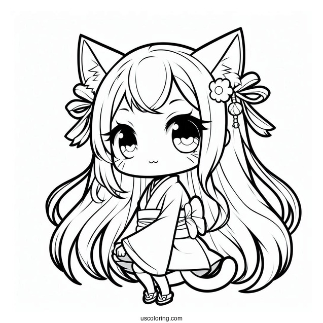 Cute Nezuko Coloring Page With Cat Ears And Tail