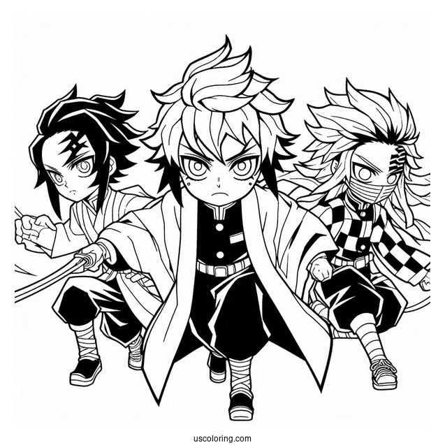 Tanjiro Coloring Page Fighting Alongside Zenitsu Agatsuma And Inosuke Hashibira