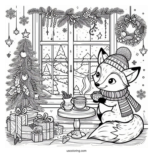 Christmas Coloring Pages For Adults Of Adorable Fox Drinking Tea By The Window
