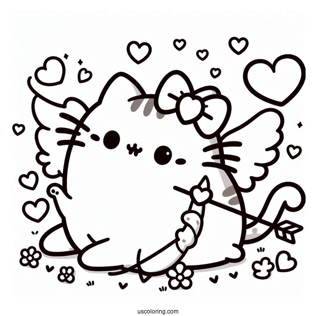 Pusheen Cupid With Bow And Love Hearts To Color