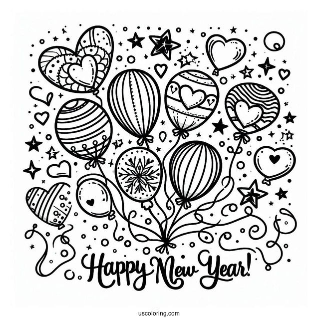 Happy New Year Coloring Page Of Balloons With Love Hearts And Stars