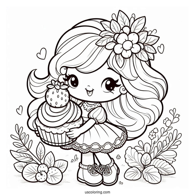 Strawberry Shortcake Coloring Page Holding Cupcake