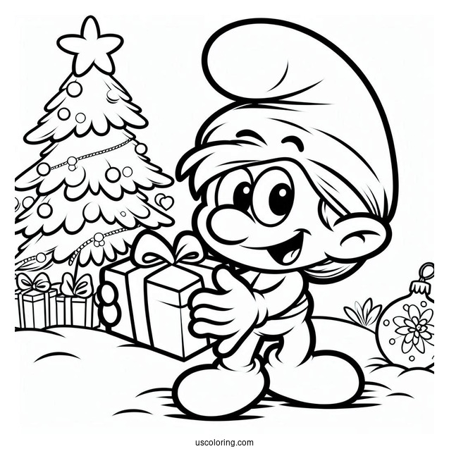 Coloring Page Of Jokey Smurf With Christmas Present