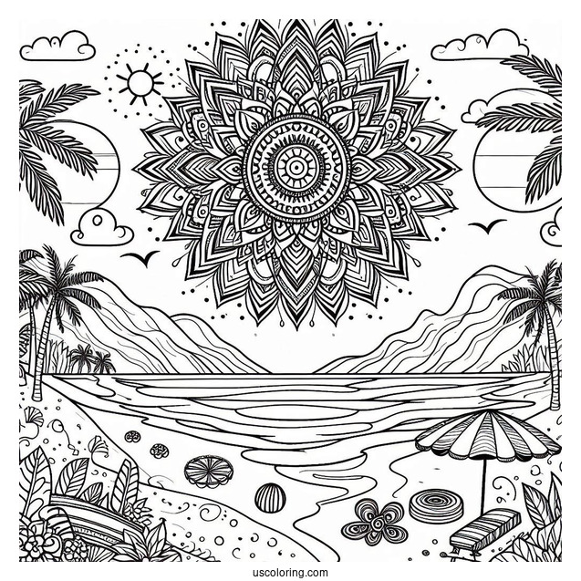 Summer Coloring Page Of Beach Landscape Mandala