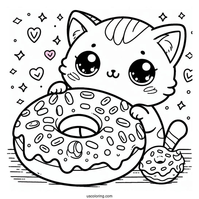 Cute Coloring Page Adorable Cat With A Giant Donut
