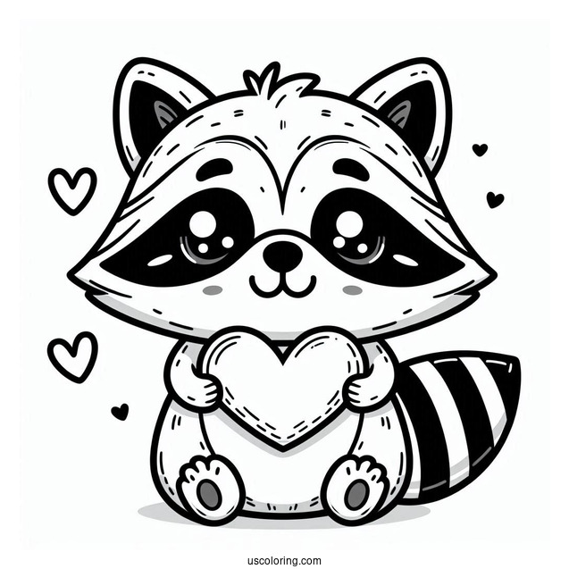 Cartoon Raccoon Coloring Page Holding A Love Heart