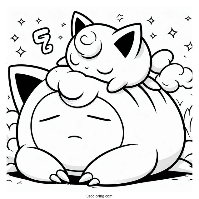 Jigglypuff Sleeping On Top Of Snorlax Coloring Page