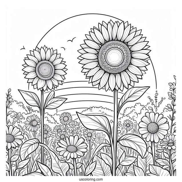 Flower Coloring Pages Of Sunflowers In A Field Under The Sun