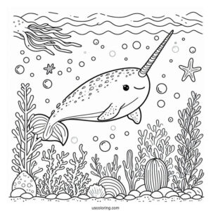 Narwhal Coloring Page Swimming Underwater With Aquatic Life