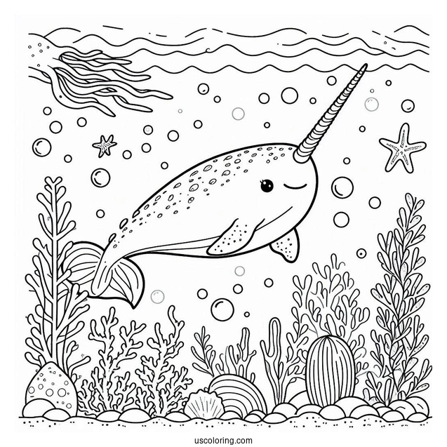 Narwhal Coloring Page Swimming Underwater With Aquatic Life