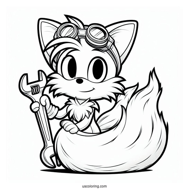 Detailed Tails Coloring Page With Goggles and Wrench